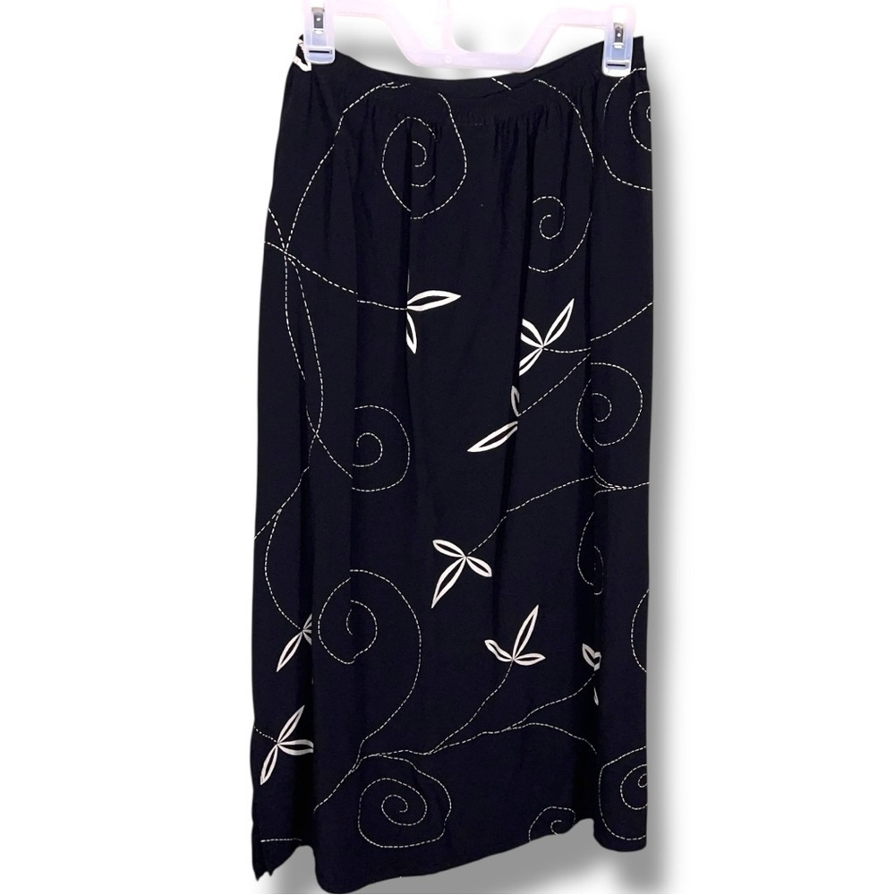 Vintage Medium David Dart Black Beige Floral Maxi Skirt Elastic Waist Long